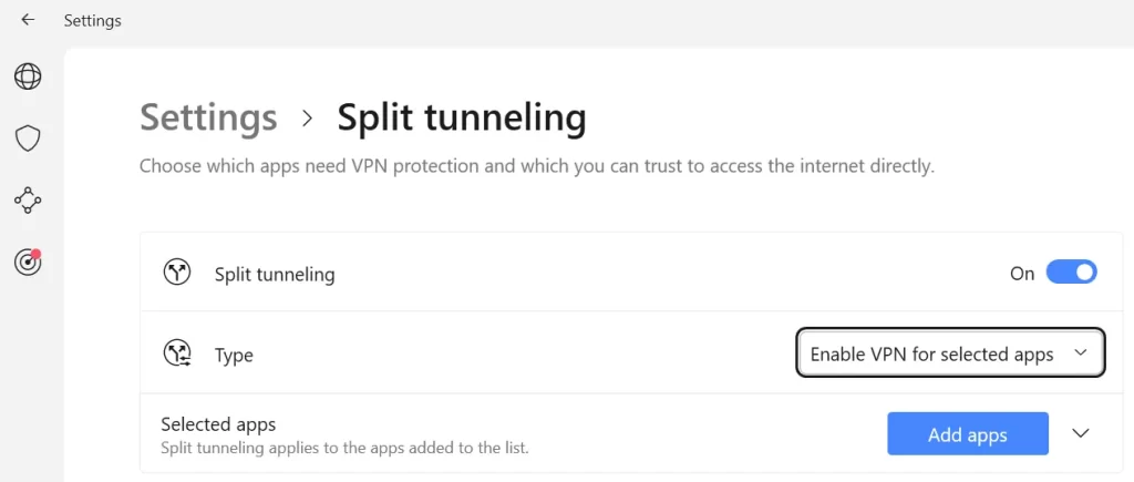 NordVPN enable split tunelling options